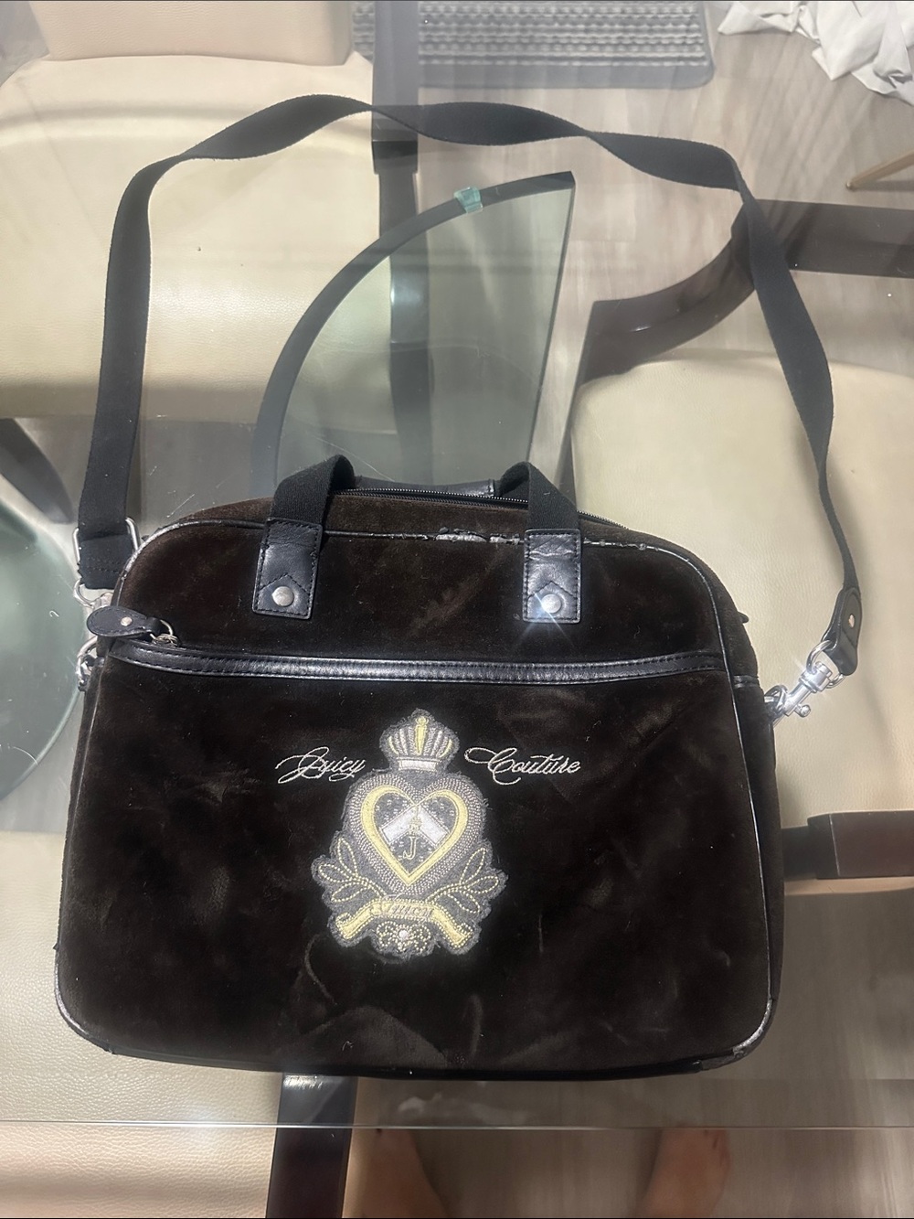 Juicy Couture Black Velvet Messenger Bag with Embroidered Crest
